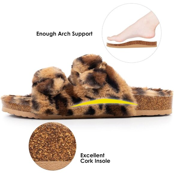Women's Leopard Cozy Lining Faux Rabbit Fur Cork Open Slipper Sandals Shoes - Picture 4 of 7